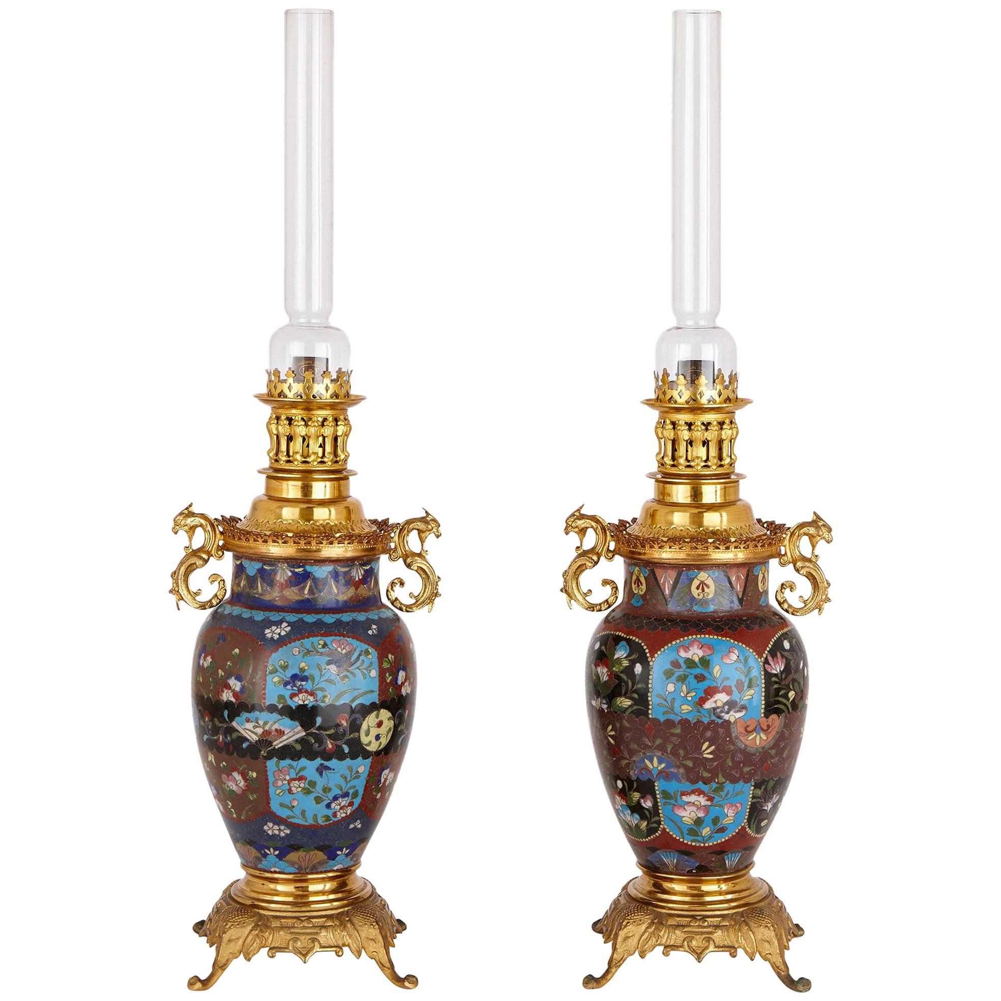 Pair of Japanese Style Gilt Bronze and Cloisonne Enamel Lamps