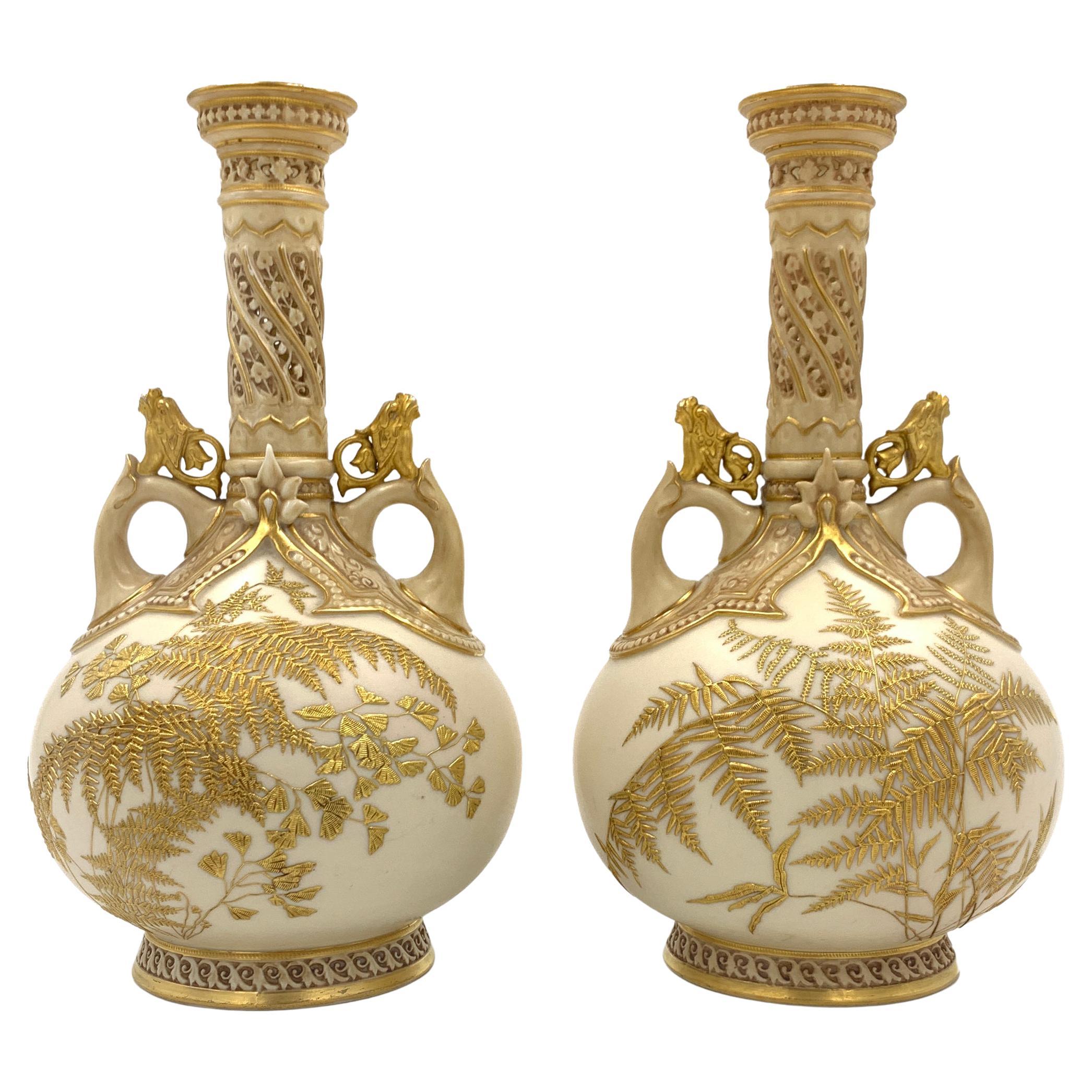 Pair of Japanese Style Gilt Decorated Royal Worcester Porcelain Vases