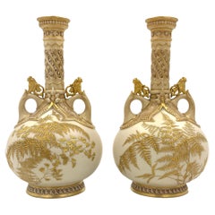 Pair of Japanese Style Gilt Decorated Royal Worcester Porcelain Vases