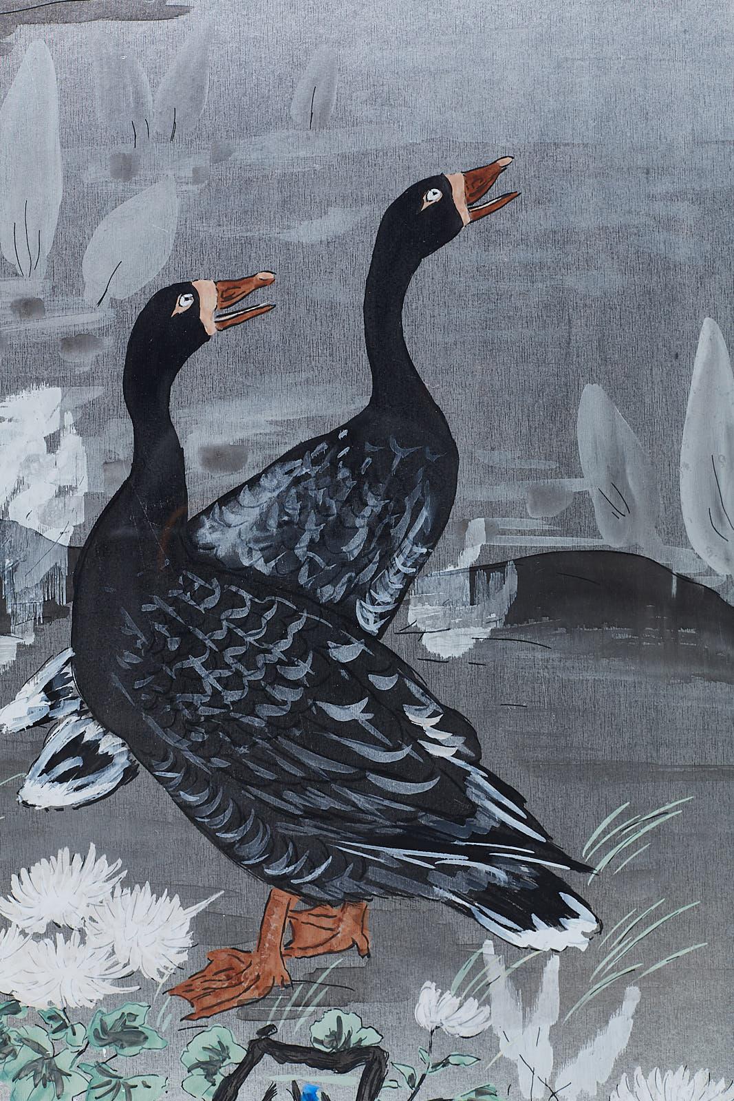 Pair of Japanese Style Painting of Herons and Ducks 5