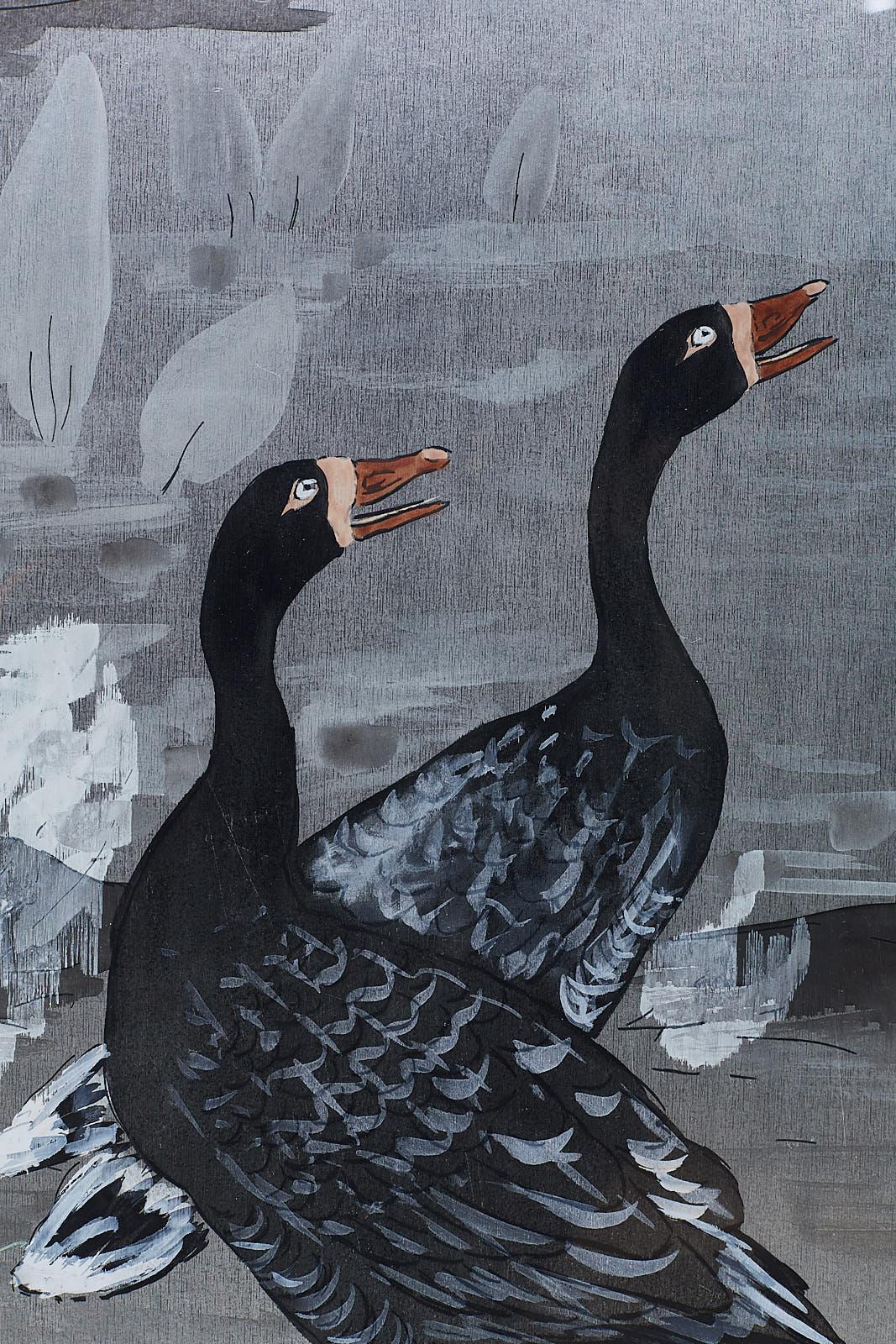 Pair of Japanese Style Painting of Herons and Ducks 6