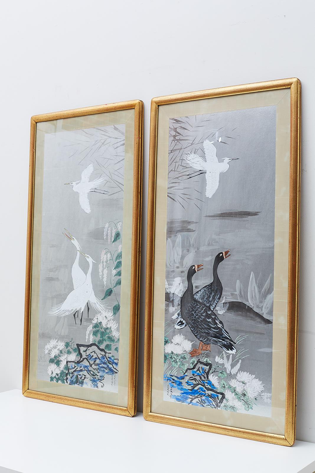 Pair of Japanese Style Painting of Herons and Ducks 8