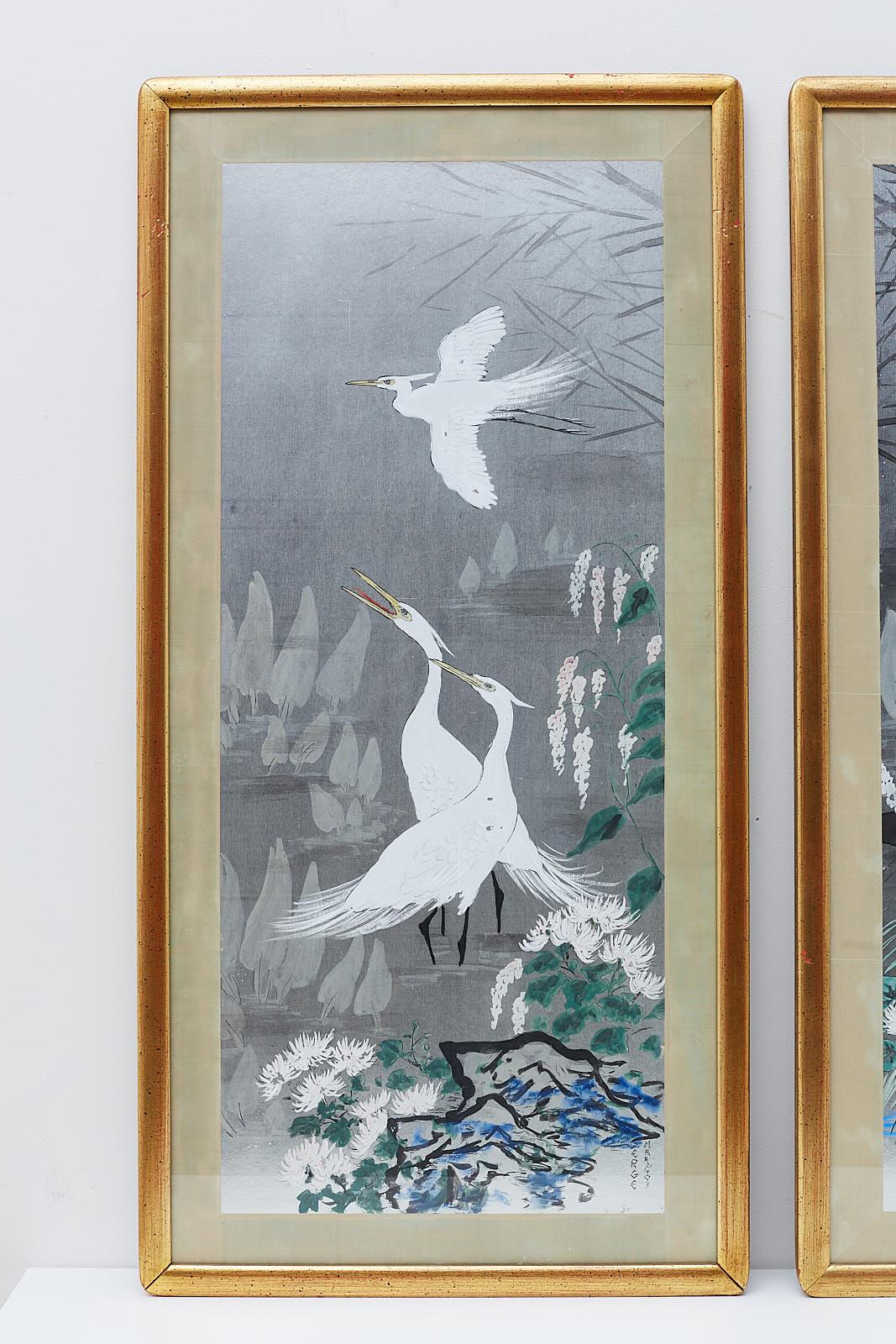 Meiji Pair of Japanese Style Painting of Herons and Ducks