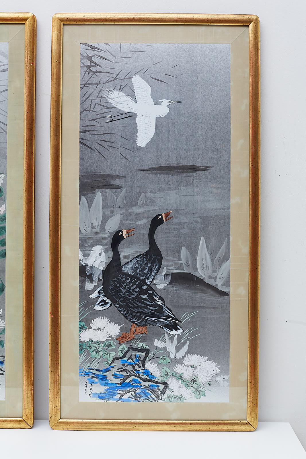 American Pair of Japanese Style Painting of Herons and Ducks