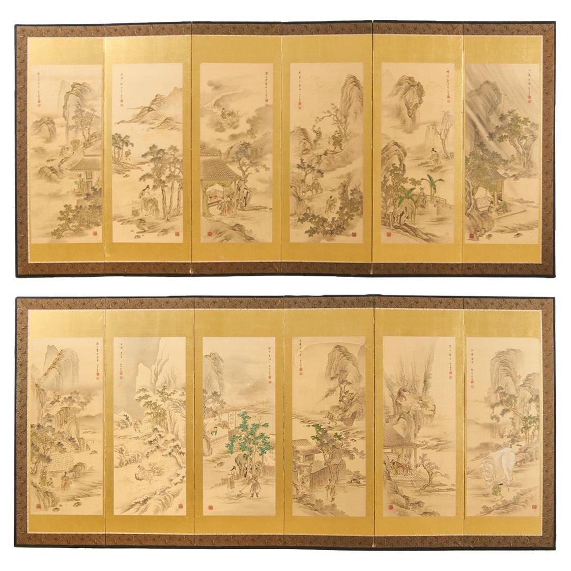 Pair of Japanese Taisho Period Screens Paragons of Filial Piety