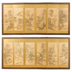 Vintage Pair of Japanese Taisho Period Screens Paragons of Filial Piety