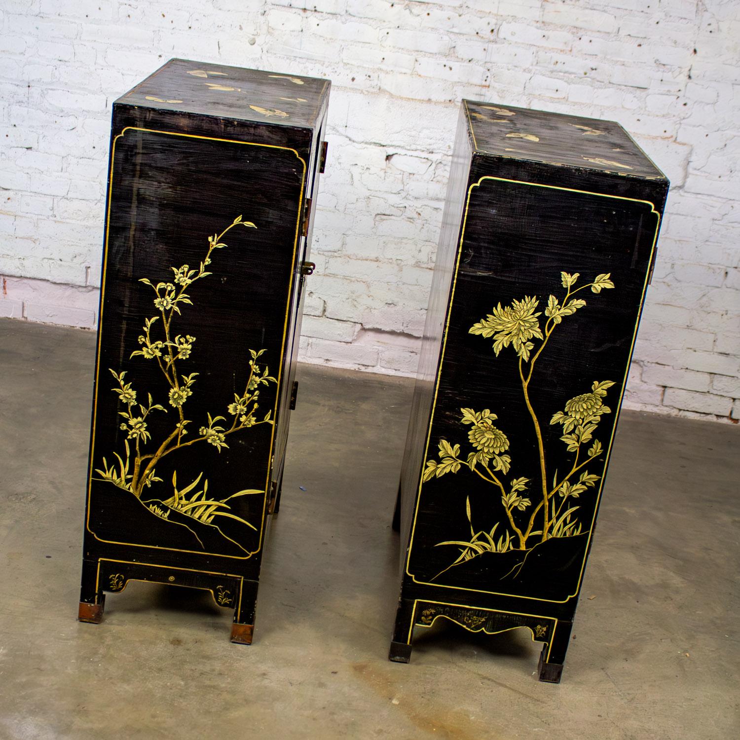 Pair of Japanese Textured Black Lacquer Chests w/Hand Painted Asian Details For Sale 6