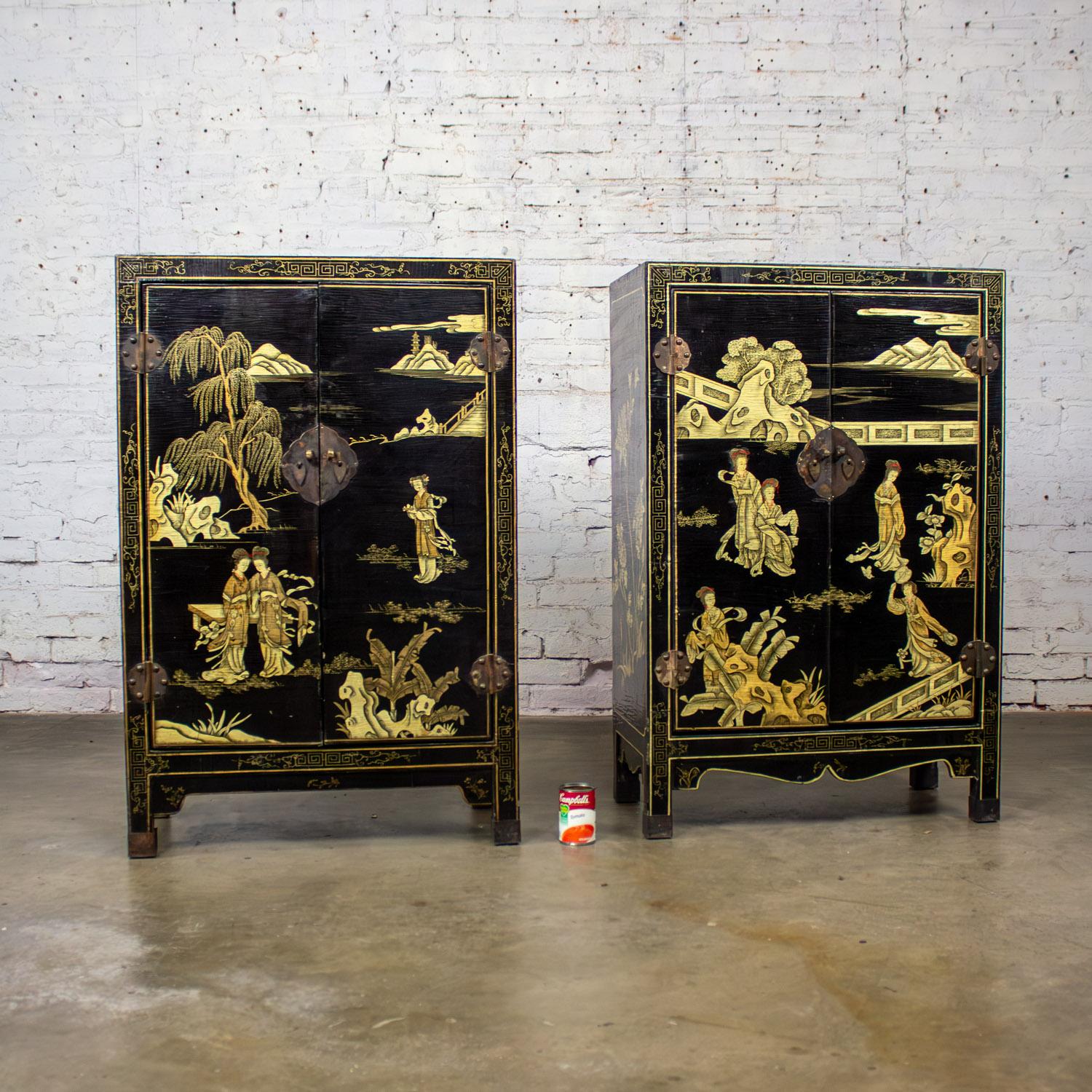 Pair of Japanese Textured Black Lacquer Chests w/Hand Painted Asian Details For Sale 8