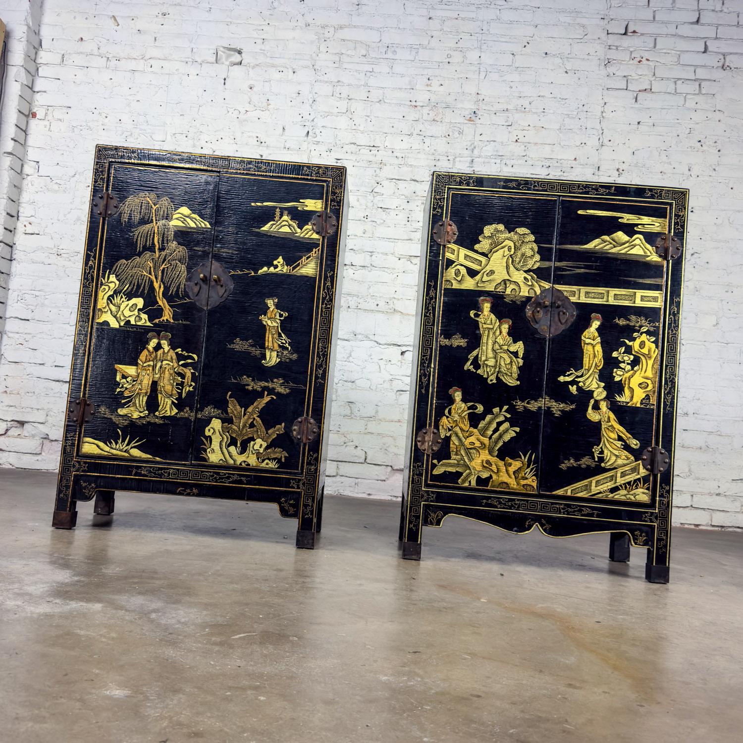 Pair of Japanese Textured Black Lacquer Chests w/Hand Painted Asian Details For Sale 9