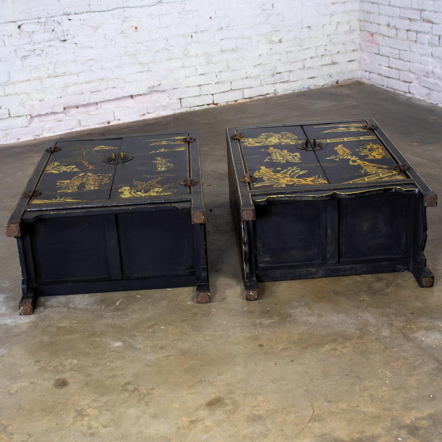 Pair of Japanese Textured Black Lacquer Chests w/Hand Painted Asian Details For Sale 10
