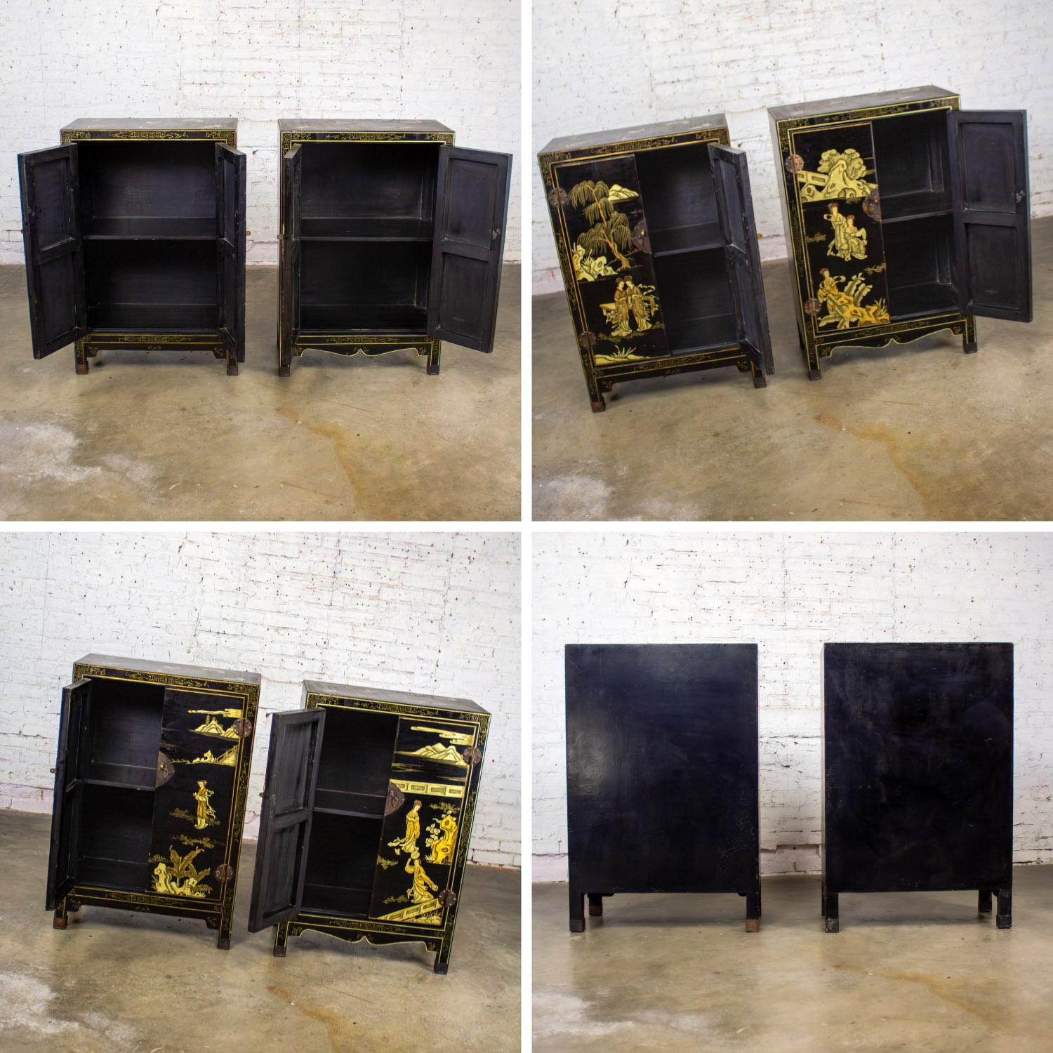 Pair of Japanese Textured Black Lacquer Chests w/Hand Painted Asian Details For Sale 12