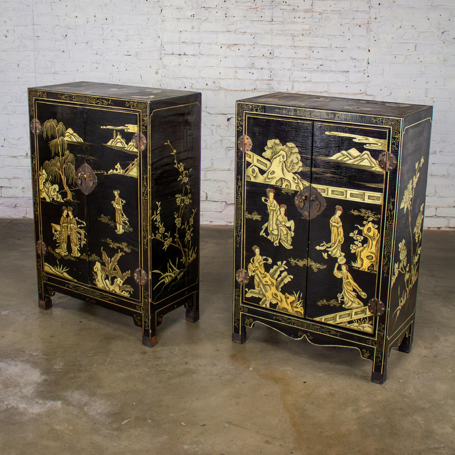 Gorgeous vintage pair of Japanese textured black lacquer chests with hand painted Asian details & patinated brass hardware & feet. Beautiful condition, keeping in mind that these are vintage and not new so will have signs of use and wear even if