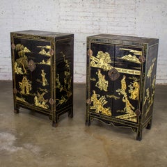 Pair of Japanese Textured Black Lacquer Chests w/Hand Painted Asian Details
