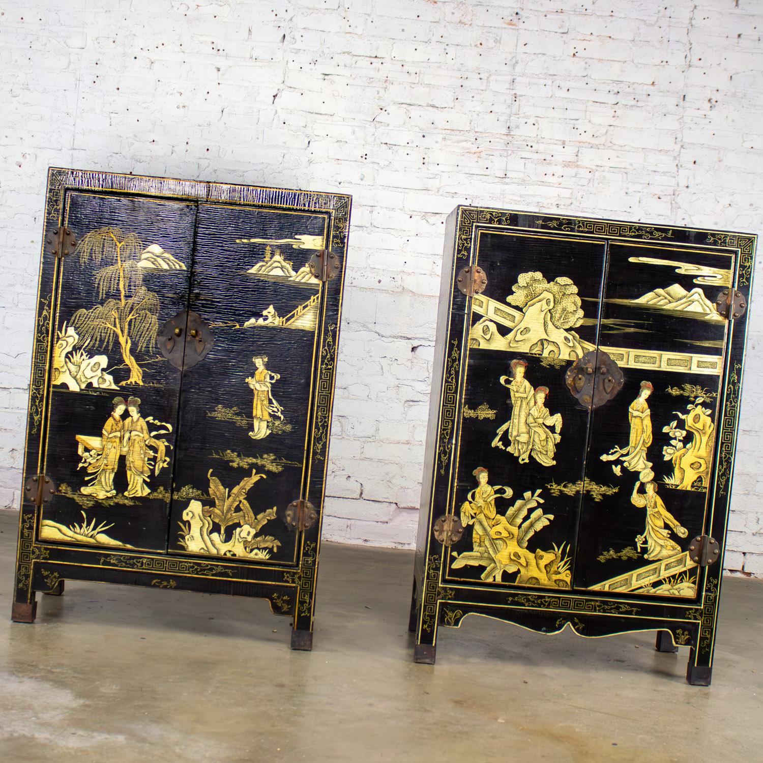 Anglo-Japanese Pair of Japanese Textured Black Lacquer Chests w/Hand Painted Asian Details For Sale