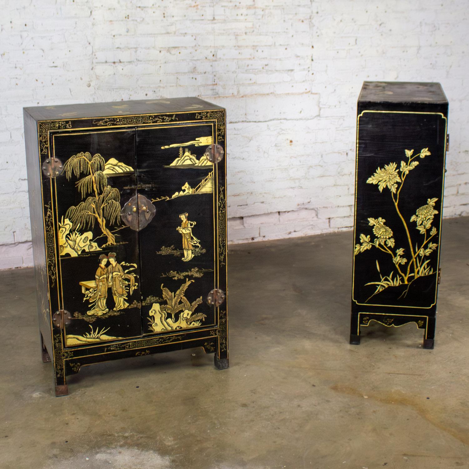 Gilt Pair of Japanese Textured Black Lacquer Chests w/Hand Painted Asian Details For Sale