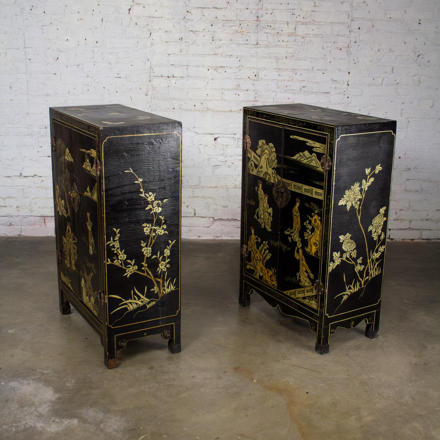 Pair of Japanese Textured Black Lacquer Chests w/Hand Painted Asian Details In Good Condition For Sale In Topeka, KS