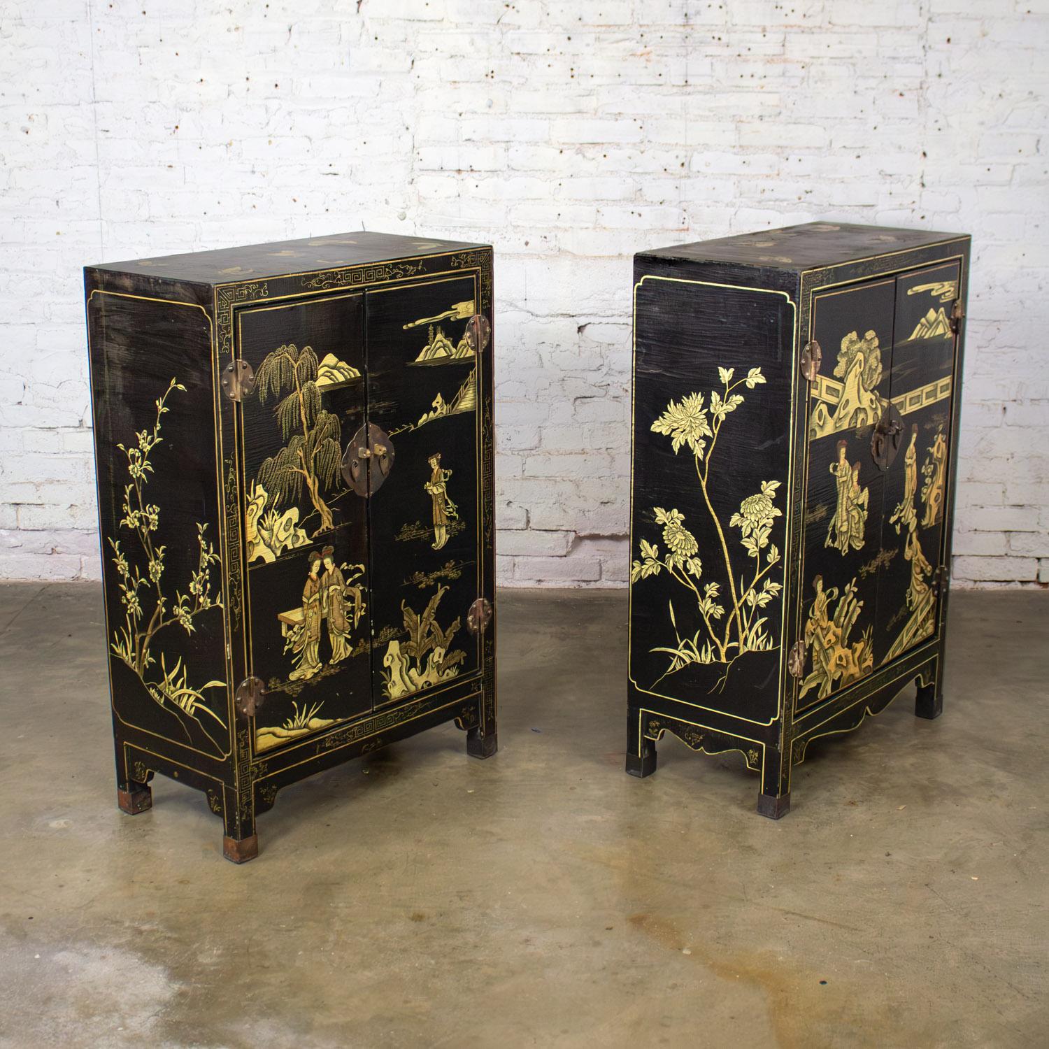 19th Century Pair of Japanese Textured Black Lacquer Chests w/Hand Painted Asian Details For Sale