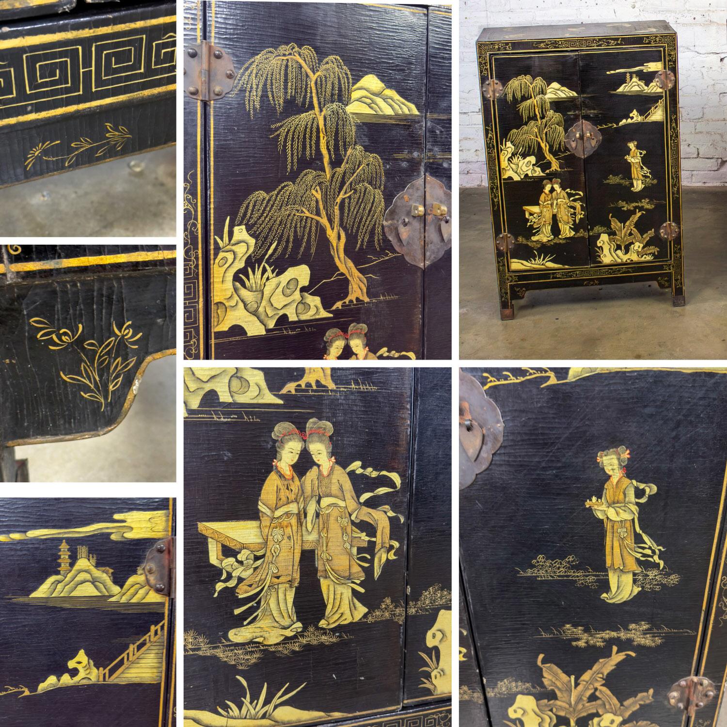 Brass Pair of Japanese Textured Black Lacquer Chests w/Hand Painted Asian Details For Sale