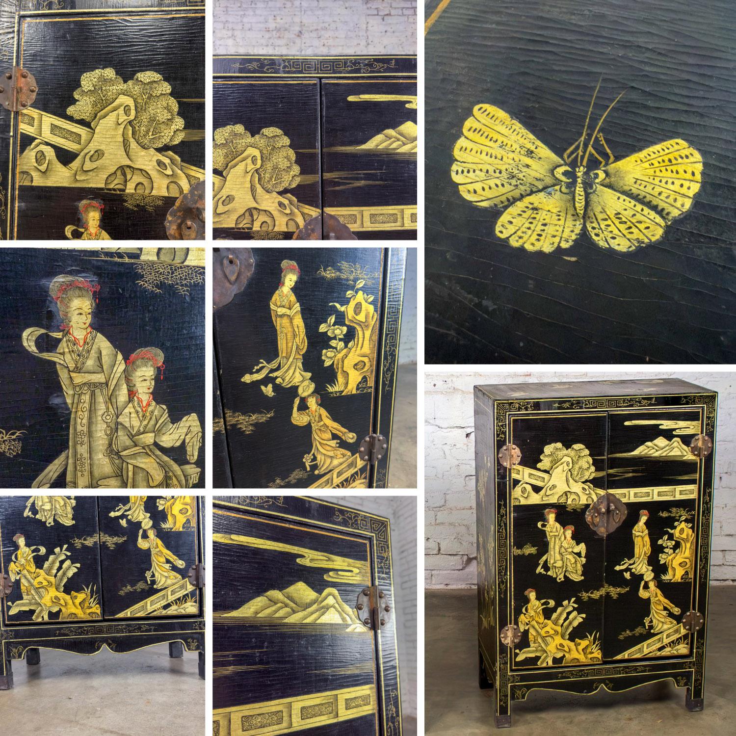 Pair of Japanese Textured Black Lacquer Chests w/Hand Painted Asian Details For Sale 1