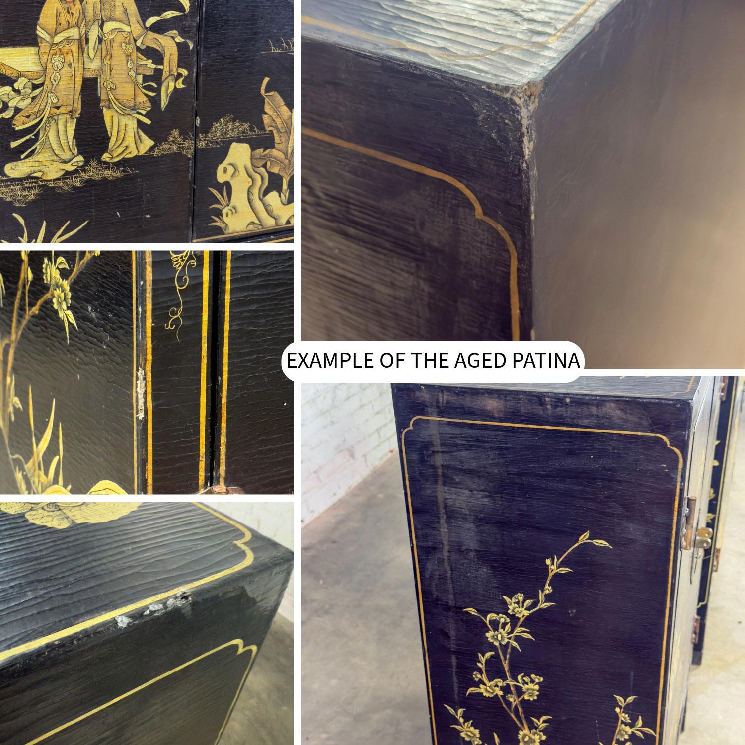 Pair of Japanese Textured Black Lacquer Chests w/Hand Painted Asian Details For Sale 2
