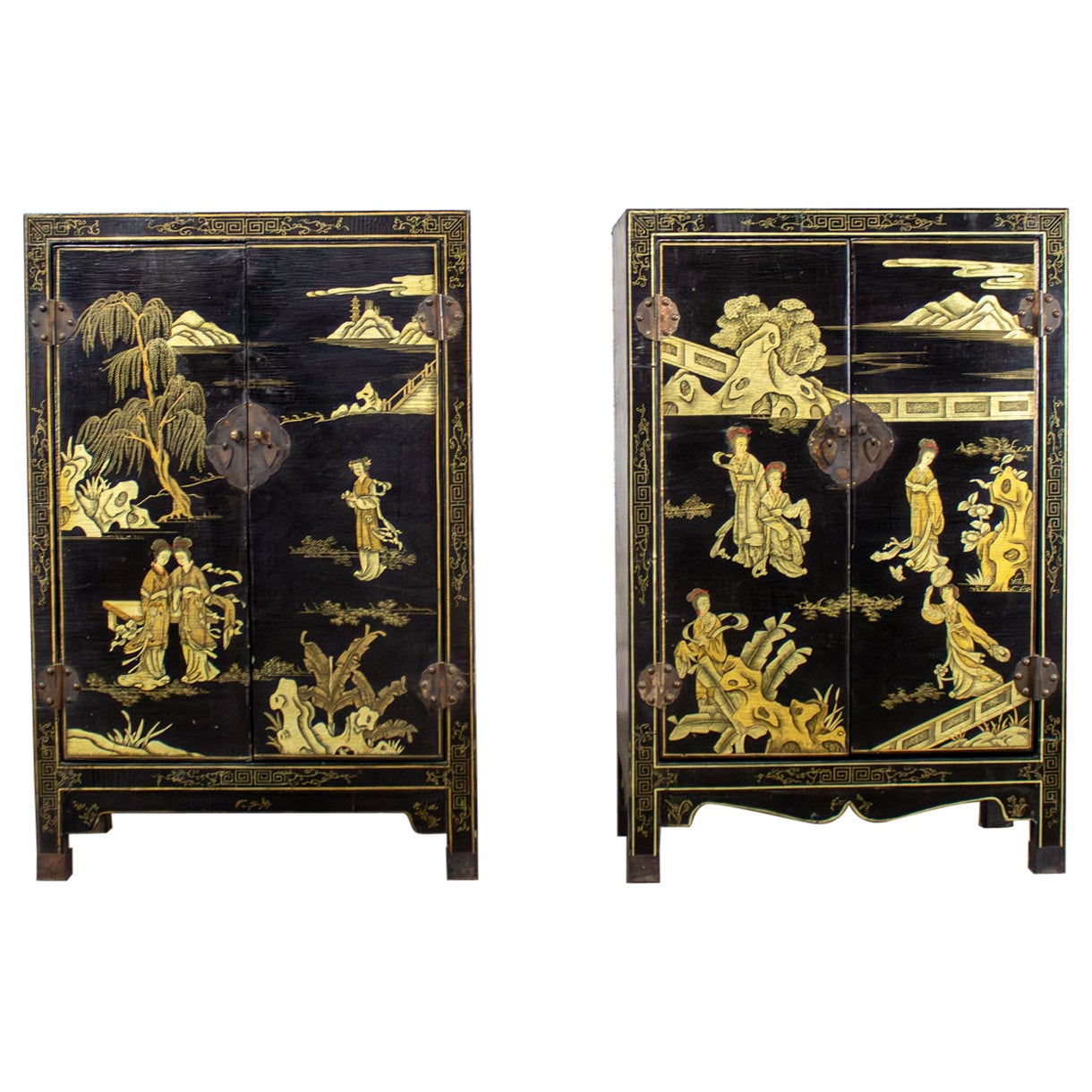 Pair of Japanese Textured Black Lacquer Chests w/Hand Painted Asian Details For Sale