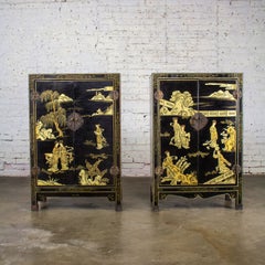 Pair of Japanese Textured Black Lacquer Chests w/Hand Painted Asian Details