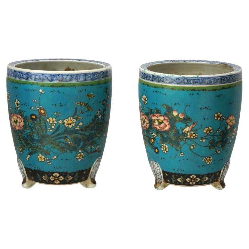 Pareja De Macetas Japonesas Totai Cloisonné Esmalte Cache en venta