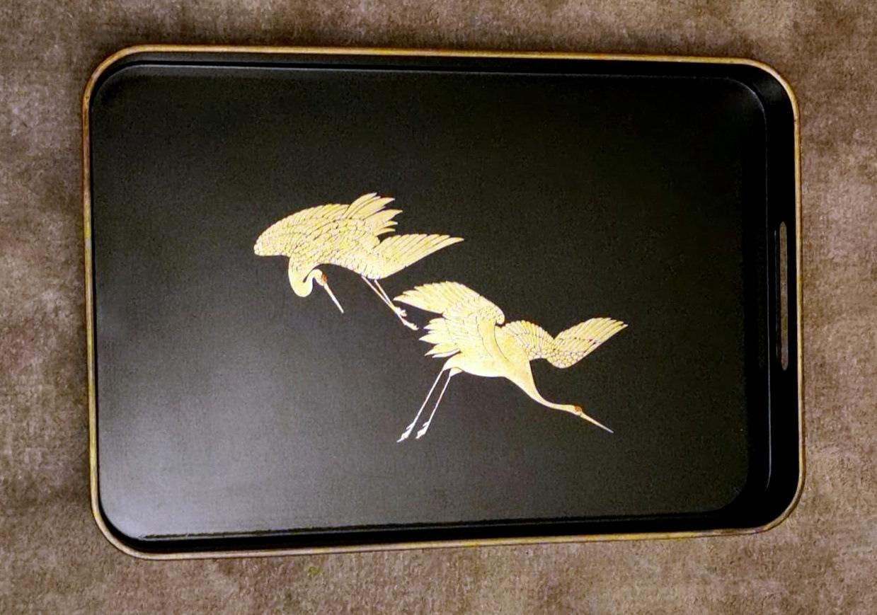 Pair of Japanese Trays in Black Resin Lacquer Effect with Gold Painted Cranes 4