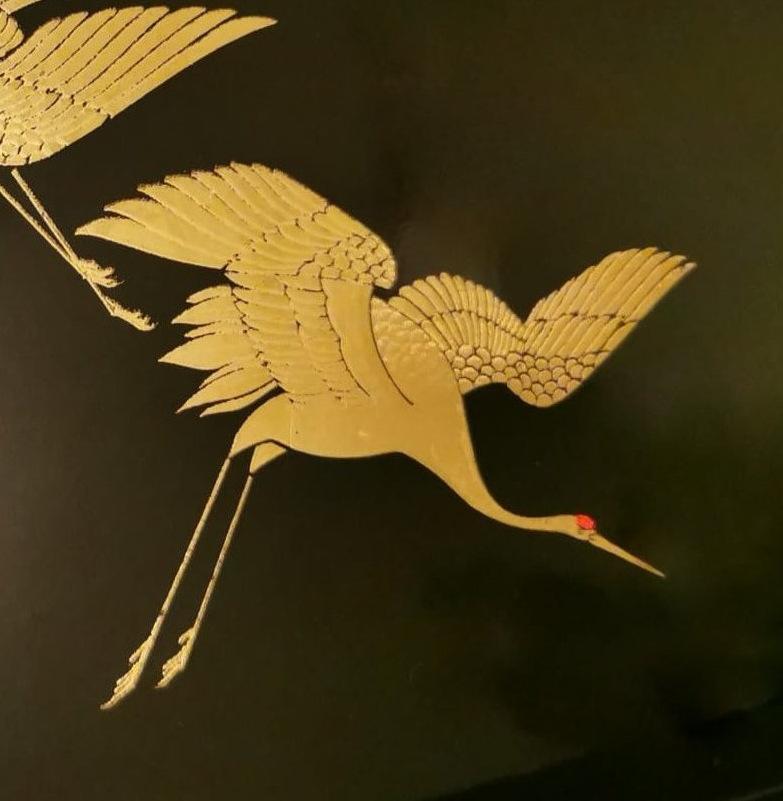 Pair of Japanese Trays in Black Resin Lacquer Effect with Gold Painted Cranes 8