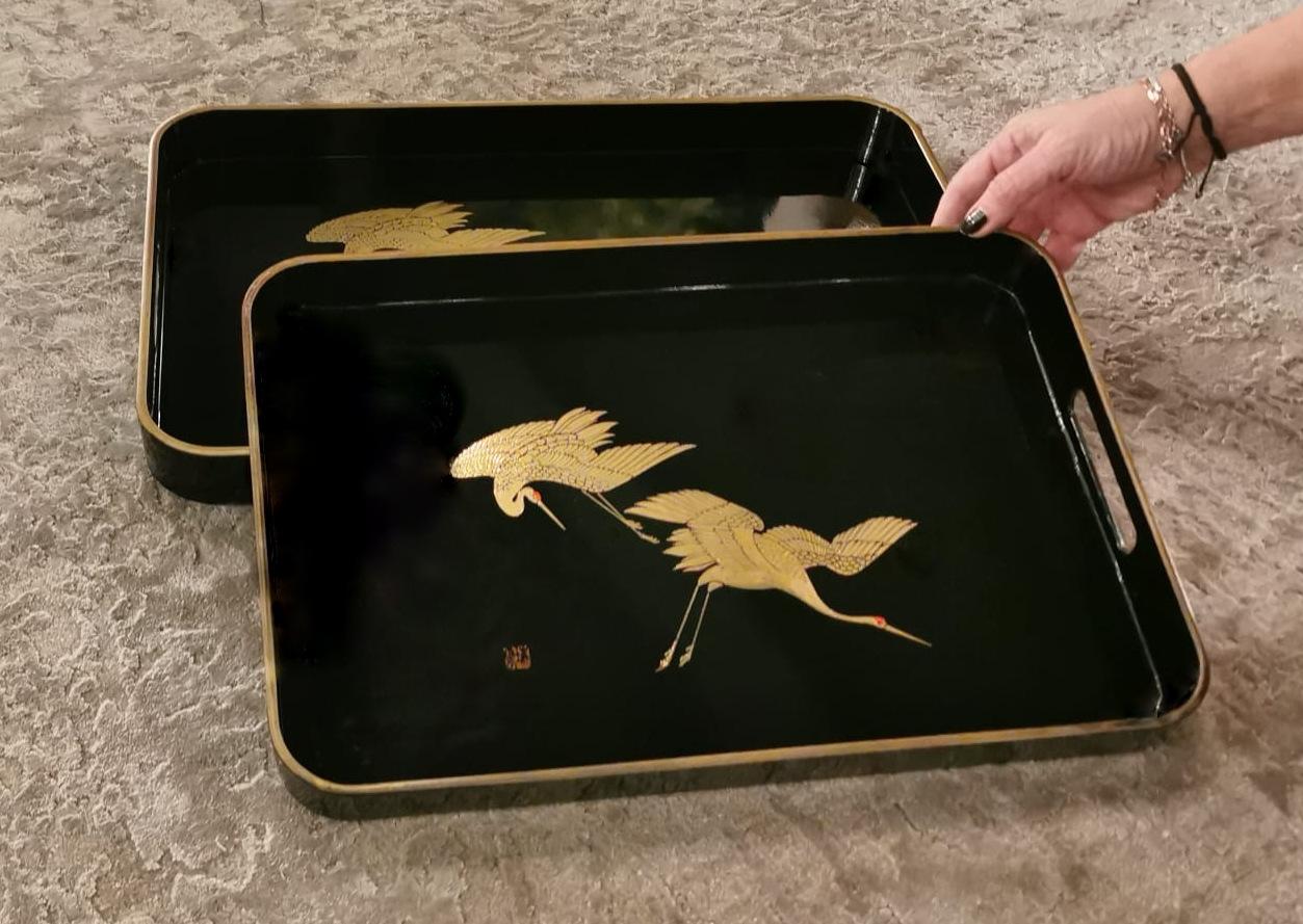 Pair of Japanese Trays in Black Resin Lacquer Effect with Gold Painted Cranes 11