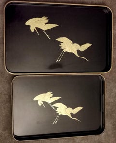 Pair of Japanese Trays in Black Resin Lacquer Effect with Gold Painted Cranes