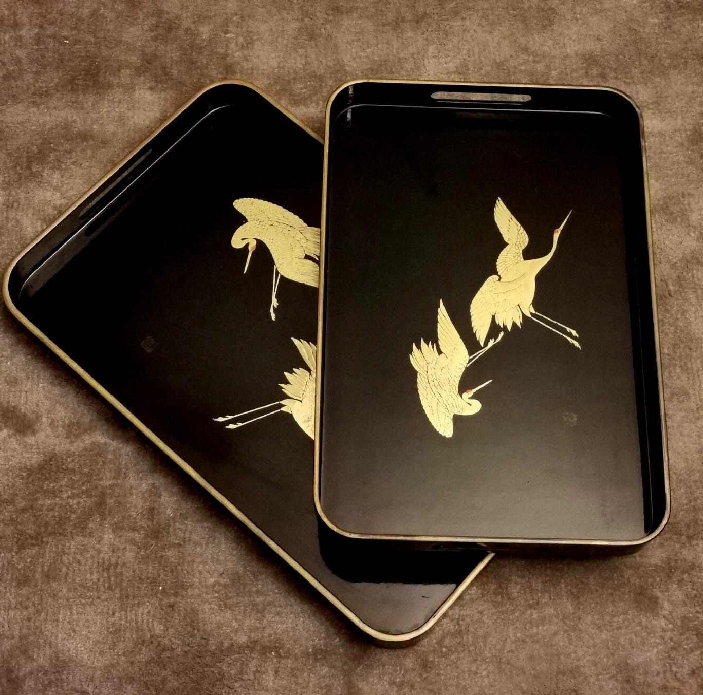 Japonisme Pair of Japanese Trays in Black Resin Lacquer Effect with Gold Painted Cranes