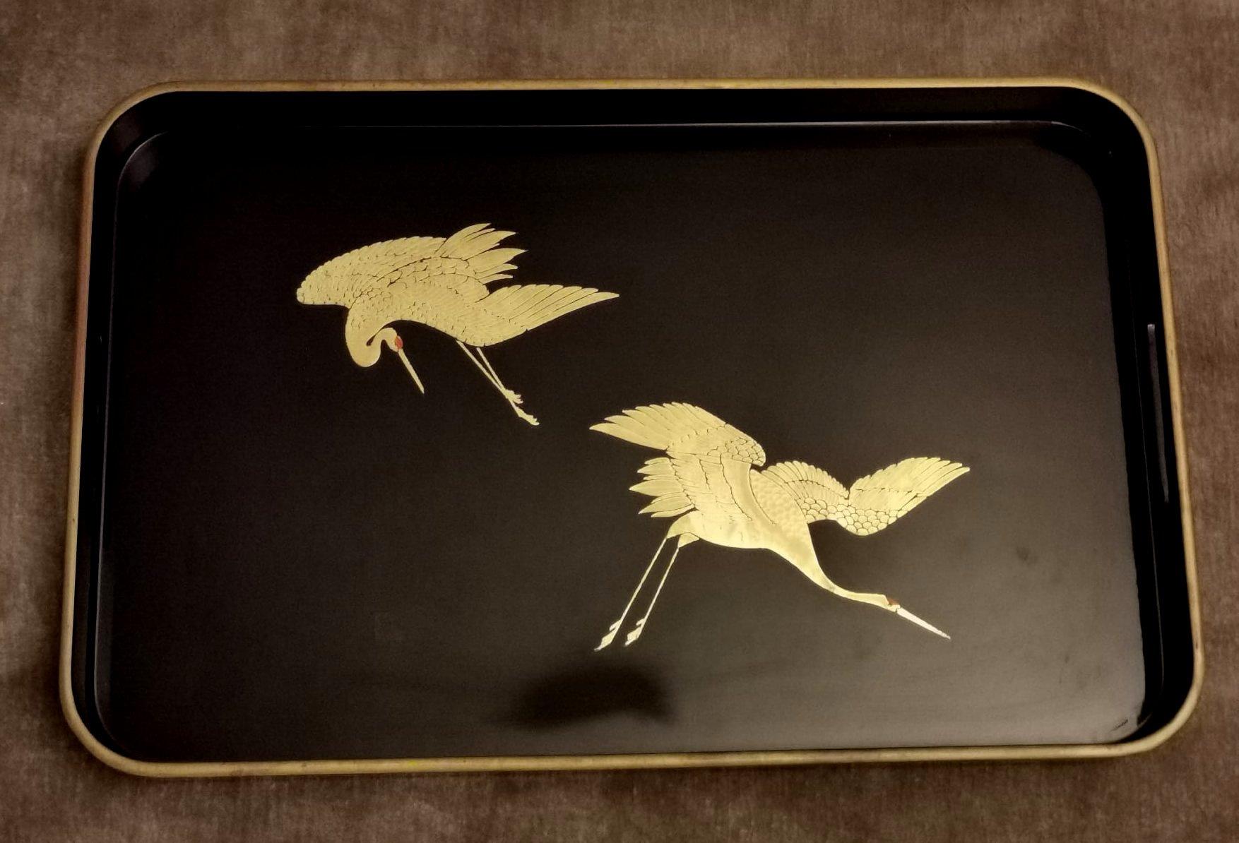 Lacquered Pair of Japanese Trays in Black Resin Lacquer Effect with Gold Painted Cranes