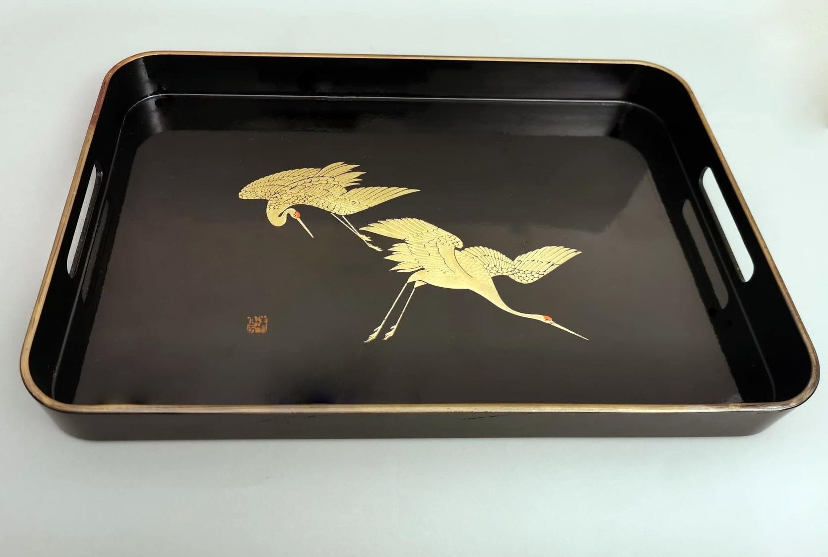 Pair of Japanese Trays in Black Resin Lacquer Effect with Gold Painted Cranes 3