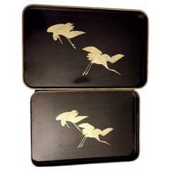 Pair of Japanese Trays in Black Resin Lacquer Effect with Gold Painted Cranes