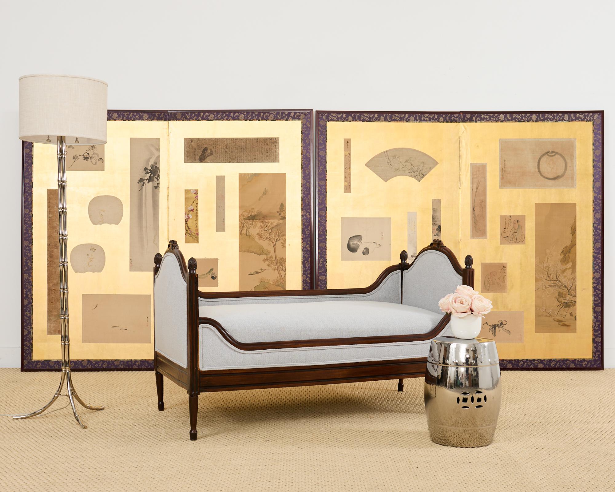 Impressive pair of Japanese two-panel byobu screens featuring late 18th-century edo period applied vignettes, poems, and paintings in various formats over a dramatic gold leaf square ground. The paintings are executed by artist of the Nanga and
