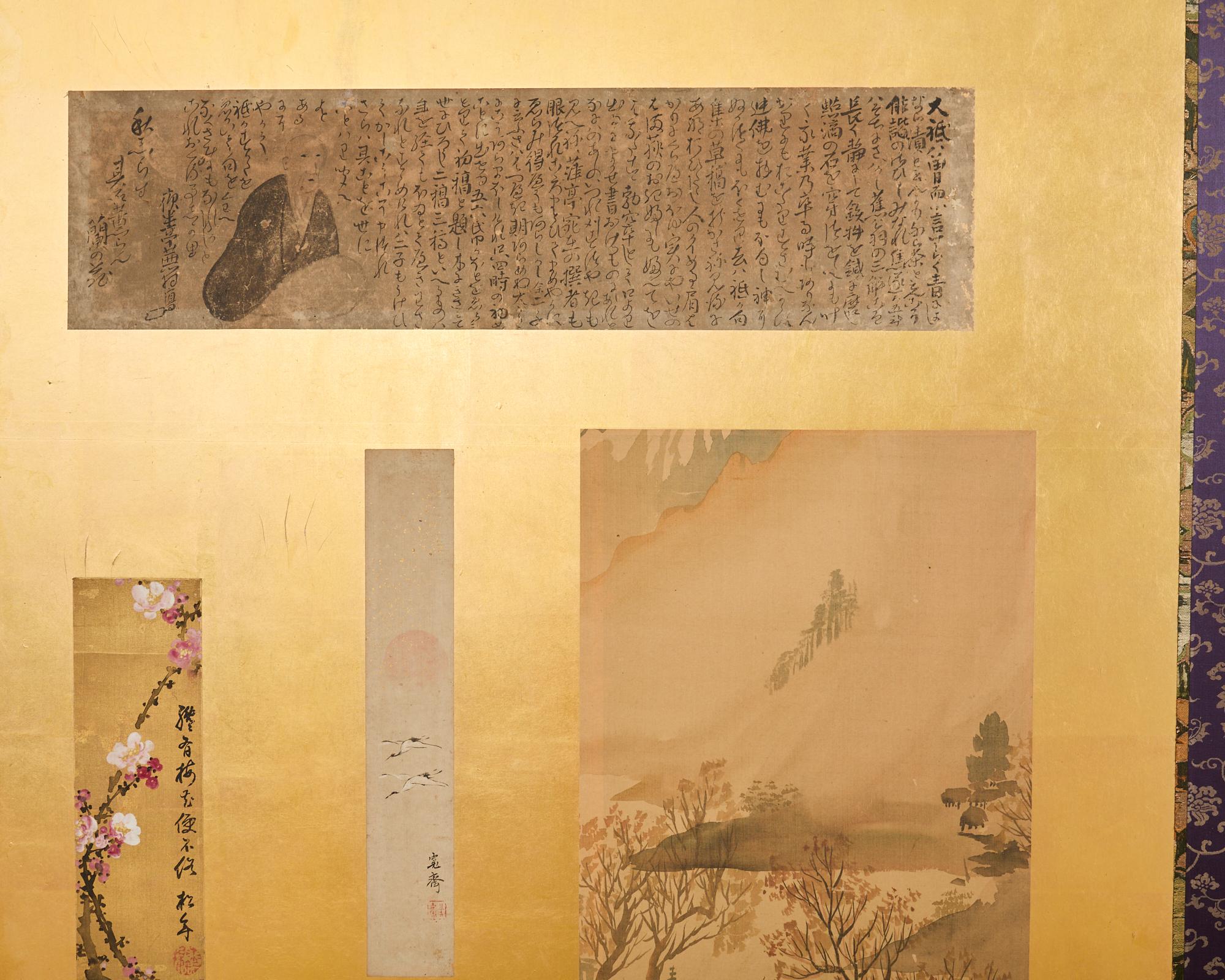 Gold Leaf Pair of Japanese Two Panel Screens Edo Period Vignettes For Sale