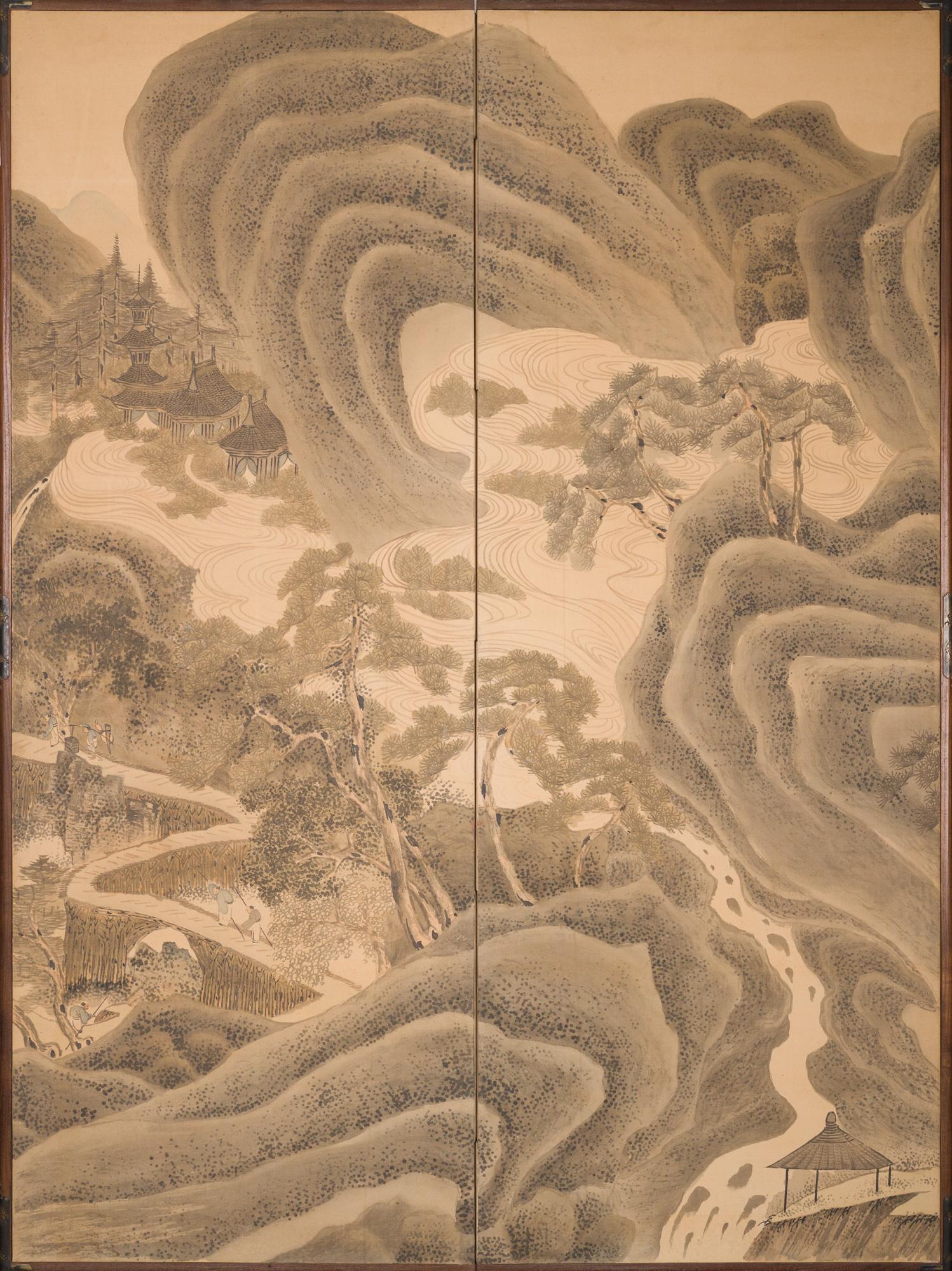 Pair of Two Panel Japanese Screens: Mountain Landscape with Waterfalls and River For Sale 5