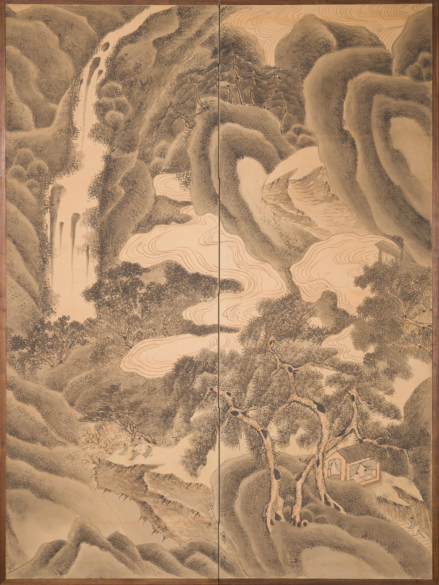 Fiumi di nebbia, acqua che cade e alberi ricoperti di muschio si evolvono in un paesaggio mistico.  Inchiostro su seta, bordato in carta di gelso fine. Venduto in coppia.