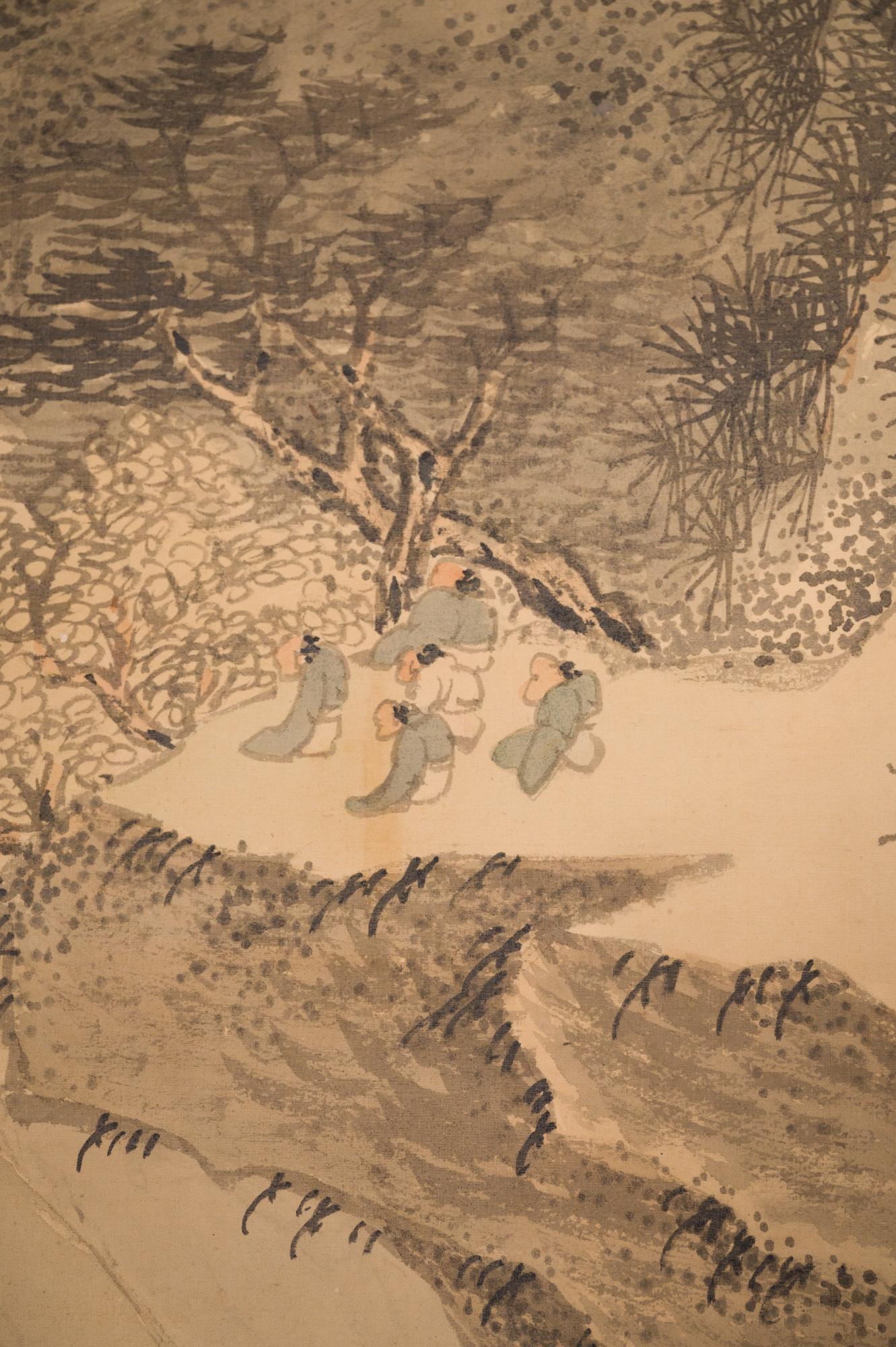 Paar japanische Paravents mit zwei Tafeln: Berglandschaft mit Wasserfällen und Fluss (Japanisch) im Angebot