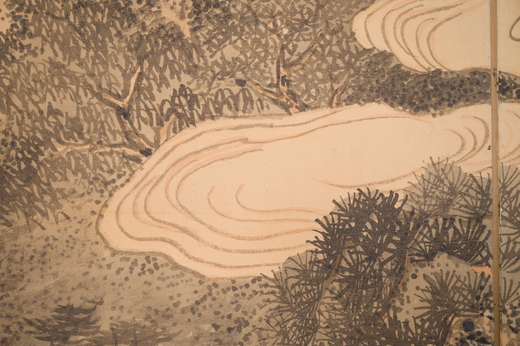 Paar japanische Paravents mit zwei Tafeln: Berglandschaft mit Wasserfällen und Fluss im Zustand „Gut“ im Angebot in Hudson, NY