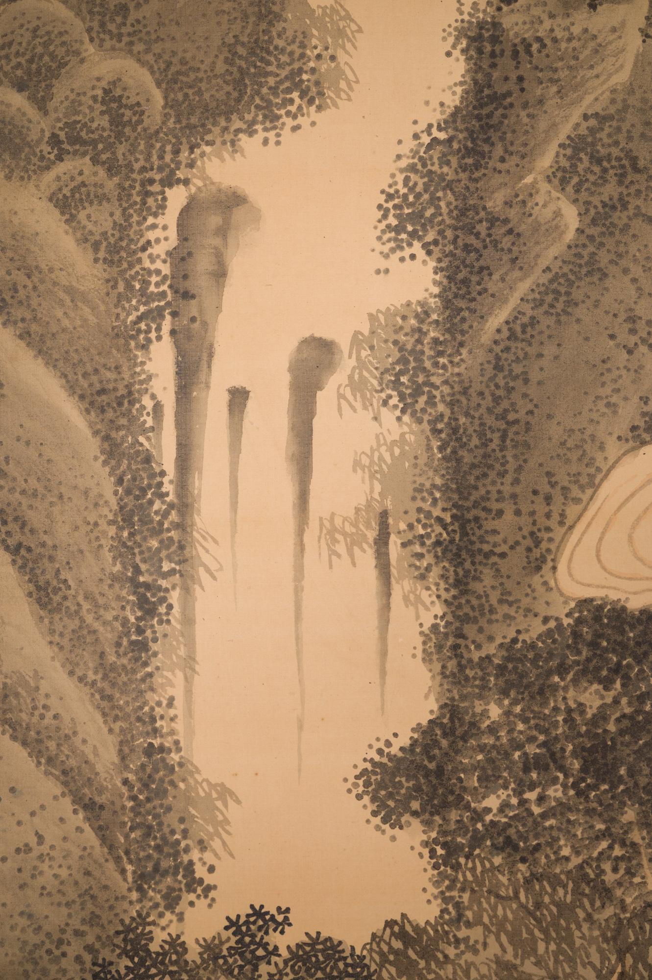 Paar japanische Paravents mit zwei Tafeln: Berglandschaft mit Wasserfällen und Fluss (19. Jahrhundert) im Angebot