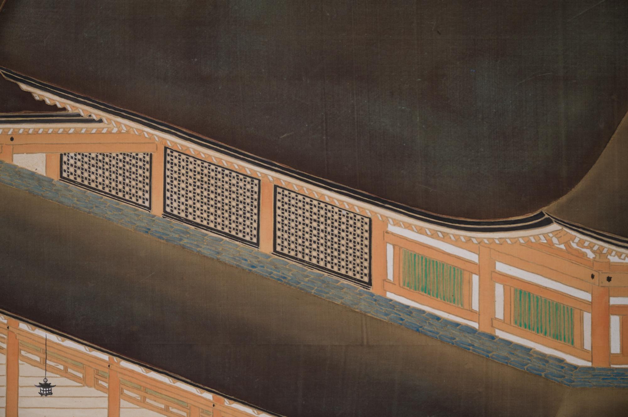 Silk Pair of Japanese Two Panel Screens, Itsukushima Shrine in Miyajima For Sale