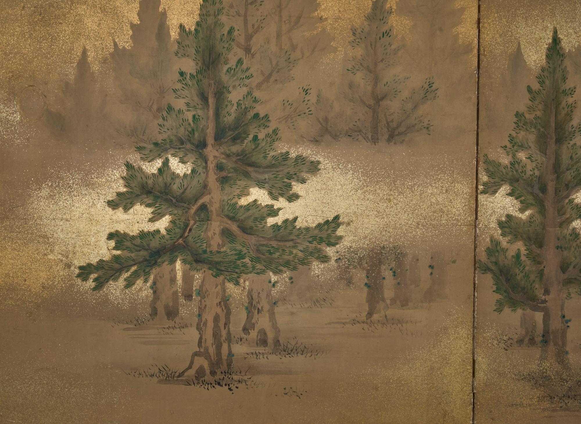 Pair of Japanese Two Panel Screens: Misty Cedar Forest en vente 4