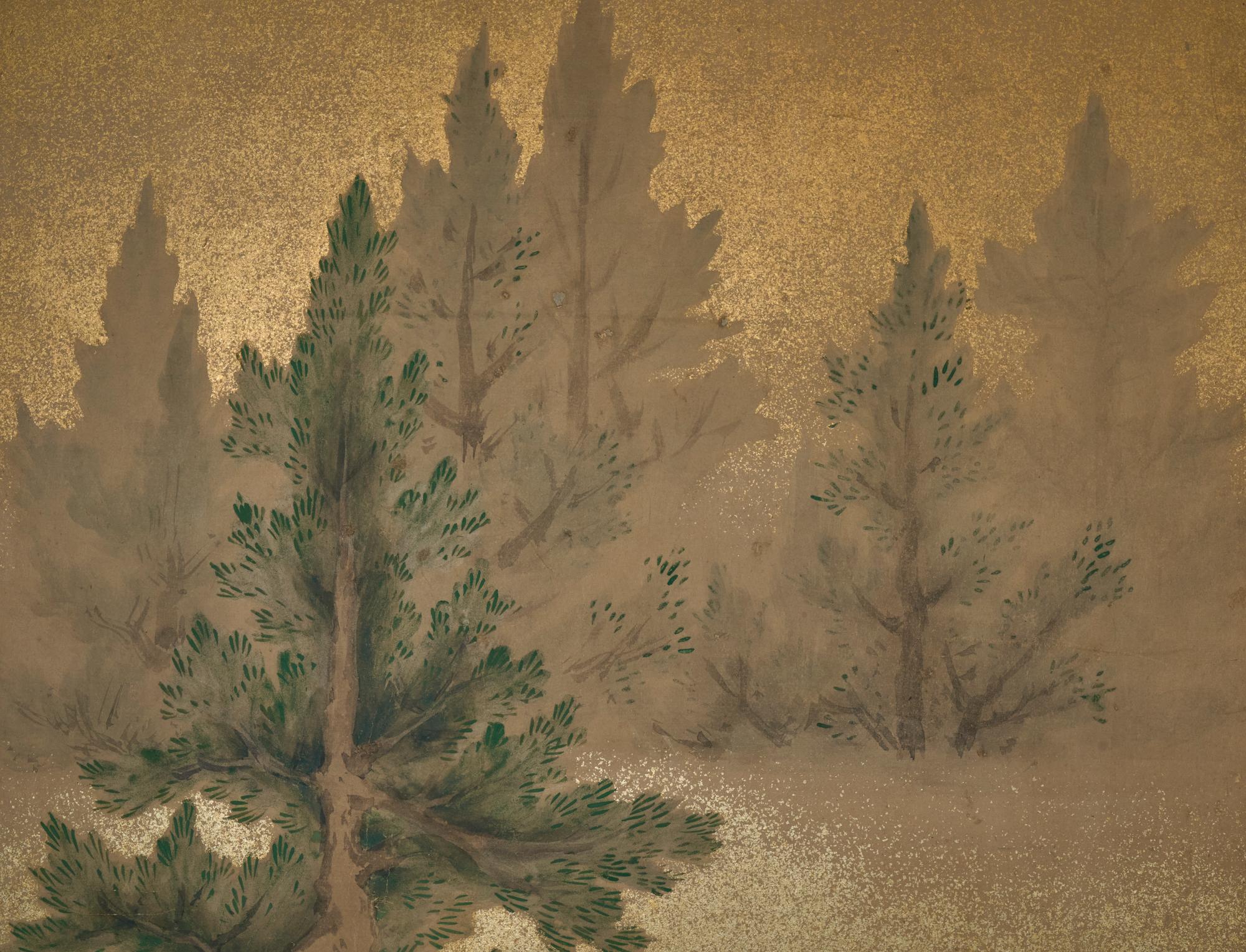 Pair of Japanese Two Panel Screens: Misty Cedar Forest en vente 5