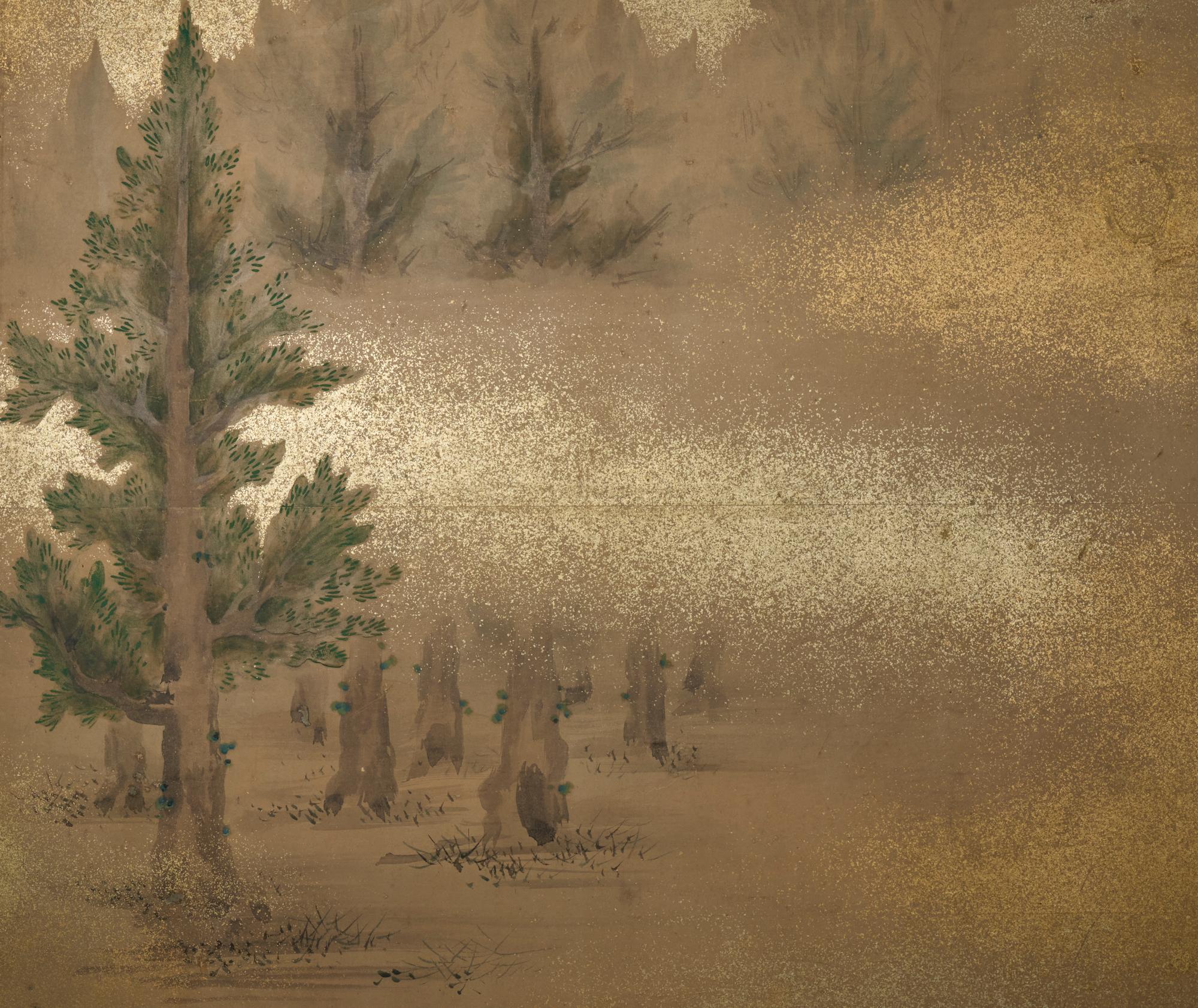 Pair of Japanese Two Panel Screens: Misty Cedar Forest en vente 6