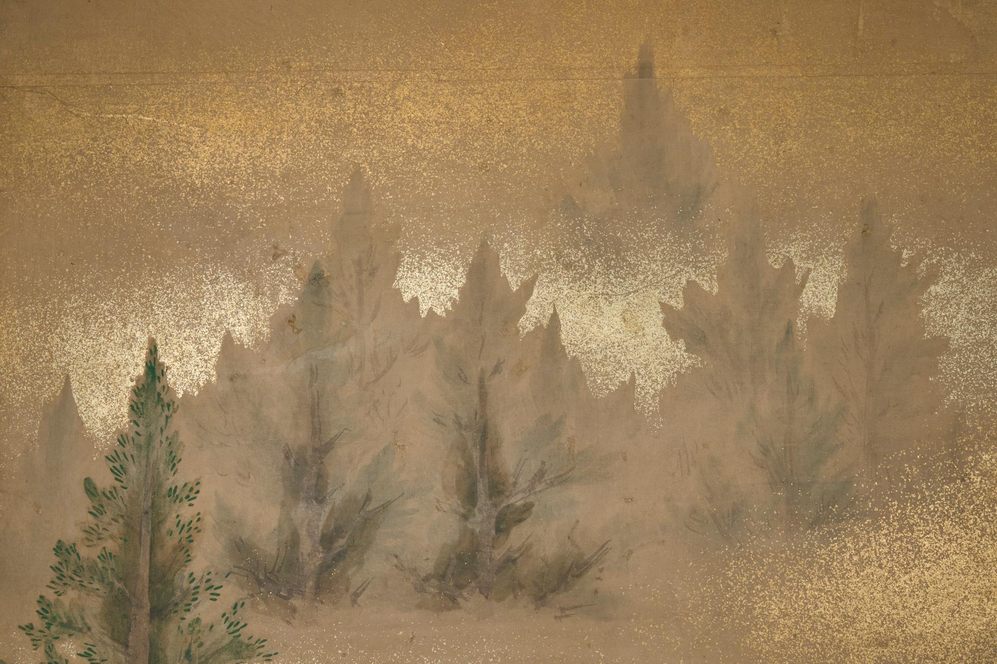 Pair of Japanese Two Panel Screens: Misty Cedar Forest en vente 7