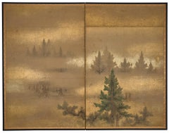 Pair of Japanese Two Panel Screens: Misty Cedar Forest