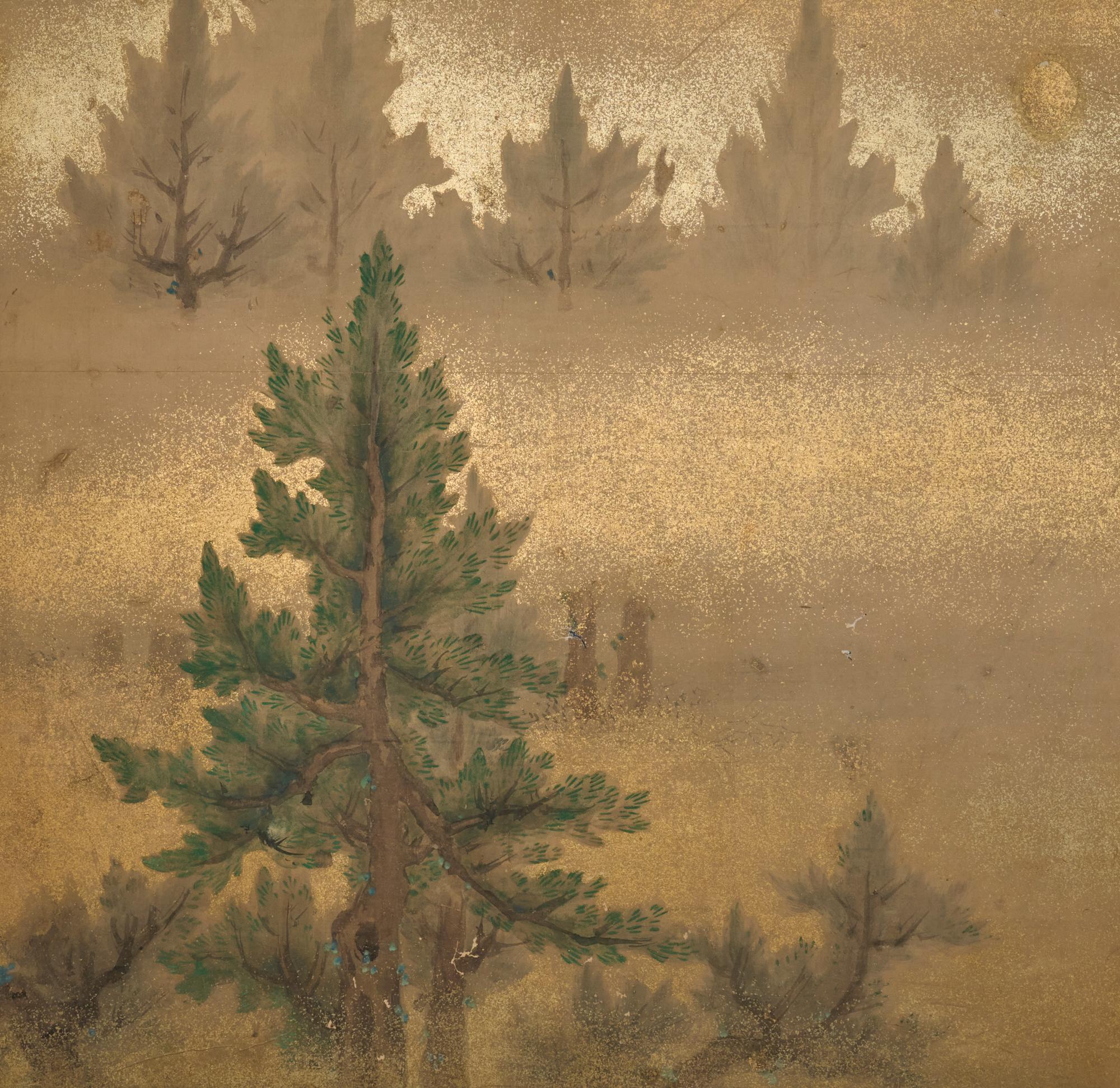 Japonais Pair of Japanese Two Panel Screens: Misty Cedar Forest en vente