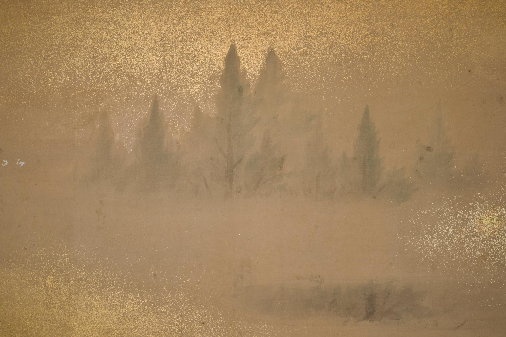 Pair of Japanese Two Panel Screens: Misty Cedar Forest Bon état - En vente à Hudson, NY